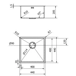 Vellamo Designer Single Bowl Inset/Undermount Brushed Gold Stainless Steel Kitchen Sink & Waste - 440 X 440mm 21 Vellamo Designer Single Bowl Inset/Undermount Brushed Gold Stainless Steel Kitchen Sink & Waste - 440 X 440mm -Vado Sale Store vellamo designer 1 bowl sink tech drawing