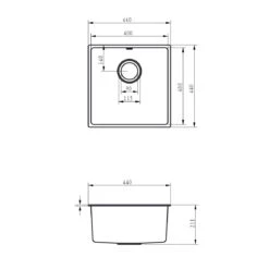 Vellamo Ceramic-Style Gloss White Composite Inset / Undermount 1 Bowl Kitchen Sink & Waste - 440 X 440mm -Vado Sale Store vellamo designer 1 bowl undermount comite sink tech drawing