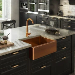 Vellamo Designer Belfast Single Bowl Brushed Gold Stainless Steel Kitchen Sink & Waste - 600 X 450mm -Vado Sale Store vellamo designer belfast copper kitchen sink lifestyle 2