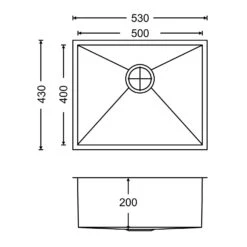 Vellamo Edge 1 Bowl Undermount Stainless Steel Kitchen Sink & Waste Kit - 530 X 430mm -Vado Sale Store vellamo edge 1 bowl undermount tech drawing