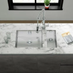 Vellamo Edge 0.5 Bowl Inset/Undermount Stainless Steel Kitchen Sink & Waste Kit - 210 X 430mm 10 Vellamo Edge 0.5 Bowl Inset/Undermount Stainless Steel Kitchen Sink & Waste Kit - 210 X 430mm -Vado Sale Store vellamo edge 1 bowl with 0.5 bowl undermount kitchen sink lifestyle 2 1