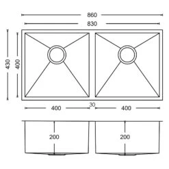 Vellamo Edge 2 Bowl Undermount Stainless Steel Kitchen Sink & Waste Kit - 860 X 430mm 9 Vellamo Edge 2 Bowl Undermount Stainless Steel Kitchen Sink & Waste Kit - 860 X 430mm -Vado Sale Store vellamo edge 2 bowl undermount sink tech drawing