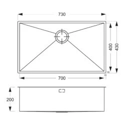 Vellamo Edge Extra Large 1 Bowl Undermount Stainless Steel Kitchen Sink & Waste Kit - 730 X 430mm 13 Vellamo Edge Extra Large 1 Bowl Undermount Stainless Steel Kitchen Sink & Waste Kit - 730 X 430mm -Vado Sale Store vellamo edge extra large 1 bowl sink tech drawing