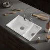 Vellamo Ceramic-Style Gloss White Composite Inset / Undermount 1.5 Bowl Kitchen Sink & Waste - 670 X 440mm 2 Vellamo Ceramic-Style Gloss White Composite Inset / Undermount 1.5 Bowl Kitchen Sink & Waste - 670 X 440mm -Vado Sale Store vellamo gloss white 1 5 bowl comite kitchen sink lifestyle v2