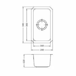 Vellamo Horizon 0.5 Bowl Undermount Stainless Steel Kitchen Sink & Waste Kit - 200 X 340mm -Vado Sale Store vellamo horizon 0.5 bowl undermount stainless steel kitchen sink technical drawing