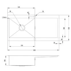 Vellamo Peak 1 Bowl Satin Stainless Steel Sink & Waste With Reversible Drainer - 1000 X 500mm 7 Vellamo Peak 1 Bowl Satin Stainless Steel Sink & Waste With Reversible Drainer - 1000 X 500mm -Vado Sale Store vellamo peak 1 bowl stainless steel kitchen sink 1000x500mm tech drawing
