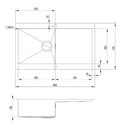 Vellamo Peak Compact 1 Bowl Satin Stainless Steel Sink & Waste With Reversible Drainer - 860 X 500mm 7 Vellamo Peak Compact 1 Bowl Satin Stainless Steel Sink & Waste With Reversible Drainer - 860 X 500mm -Vado Sale Store vellamo peak 1 bowl stainless steel kitchen sink 860x500mm tech drawing