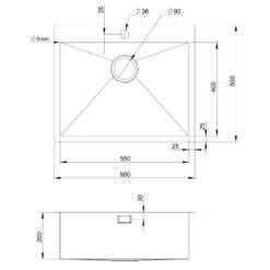 Vellamo Peak 1 Bowl Satin Stainless Steel Sink & Waste With Tap Ledge - 600 X 500mm -Vado Sale Store vellamo peak 1 bowl stainless steel kitchen sink tap ledge 600x500mm tech drawing