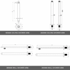 Drew Square Concealed Shower Valve With Fixed Head & Slide Rail Kit - 180mm Square Fixed Ceiling Arm - 400mm Head -Vado Sale Store vellamo shower arm bundle drawing 11