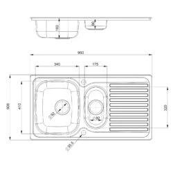 Vellamo Sunrise 1.5 Bowl Satin Stainless Steel Kitchen Sink & Waste With Reversible Drainer - 950 X 508mm -Vado Sale Store vellamo sunrise 1 5 bowl steel sink 950x508mm tech drawing