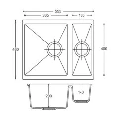 Vellamo Terra 1.5 Bowl Black Granite Composite Inset/Undermount Kitchen Sink & Waste Kit - 555 X 460mm -Vado Sale Store vellamo terra 1 5 bowl undermount tech drawing