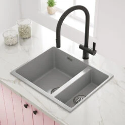 Vellamo Terra 1.5 Bowl Black Granite Composite Inset/Undermount Kitchen Sink & Waste Kit - 555 X 460mm -Vado Sale Store vellamo terra 1.5bowl graphite grey granite inset sink lifestyle