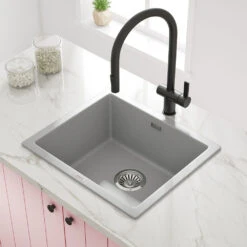 Vellamo Terra 1 Bowl Graphite Grey Granite Composite Inset / Undermount Kitchen Sink & Waste - 533 X 457mm -Vado Sale Store vellamo terra 1bowl graphite grey granite inset sink lifestyle v2