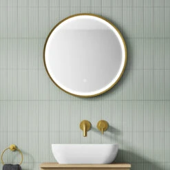 VOS LED Illuminated Round Brushed Brass Framed Mirror With Demister Pad & Colour Change Lights - 600mm
