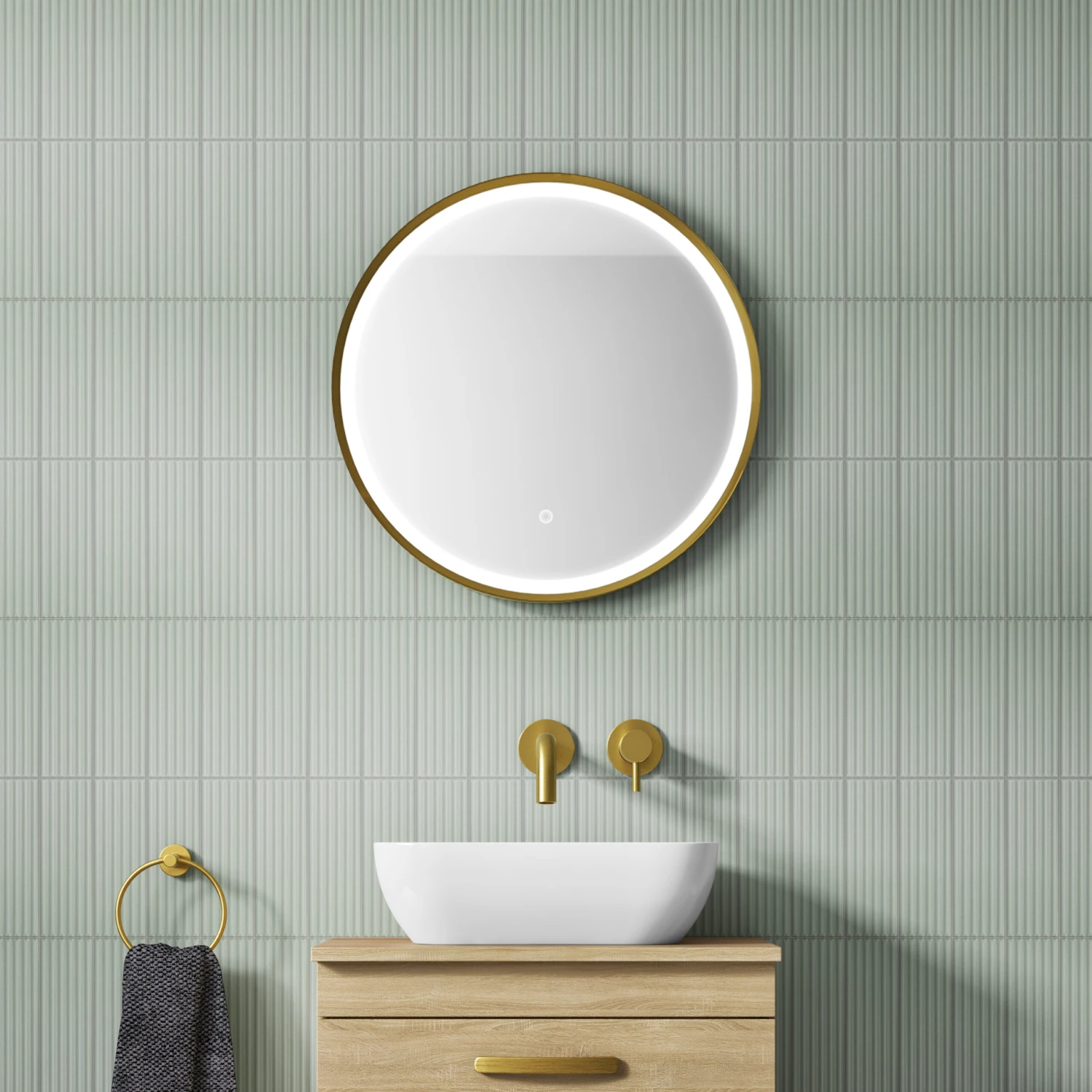 VOS LED Illuminated Round Brushed Brass Framed Mirror With Demister Pad & Colour Change Lights - 600mm 7 VOS LED Illuminated Round Brushed Brass Framed Mirror With Demister Pad & Colour Change Lights - 600mm - Image 5