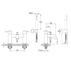 VOS Bath Shower Mixer Tap & Shower Kit - Matt Black 7 VOS Bath Shower Mixer Tap & Shower Kit - Matt Black -Vado Sale Store vos deck mounted bath shower mixer tech drawing