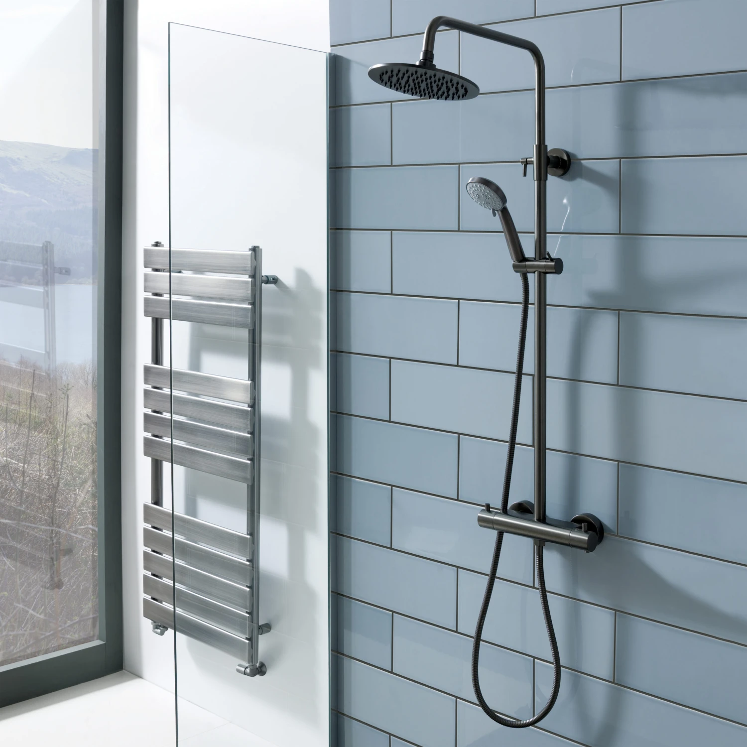VOS Exposed Dual Outlet Rigid Riser Thermostatic Shower Set - Brushed Black 3 VOS Exposed Dual Outlet Rigid Riser Thermostatic Shower Set - Brushed Black