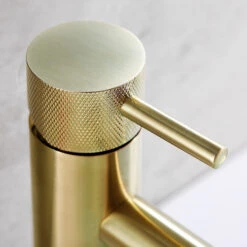 VOS Single Lever Basin Mixer With Designer Handle - Brushed Brass -Vado Sale Store vos mono basin mixer designer handle detail brushed brass lifestyle