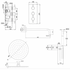 VOS Concealed Dual Outlet 3 Handle Shower Valve, Fixed Head & Shower Handset Kit - Matt Black -Vado Sale Store vos shower valve kit 3 handle 200 tech
