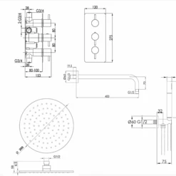 VOS Concealed Dual Outlet 3 Handle Shower Valve, Fixed Head & Shower Handset Kit - Brushed Brass -Vado Sale Store vos shower valve kit 3 handle 250 head tech