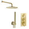 VOS Concealed Dual Outlet 3 Handle Shower Valve, Fixed Head & Shower Handset Kit - Brushed Brass -Vado Sale Store vos shower valve kit 3 handle brushed brass cutout