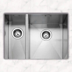 Caple Zero 1.5 Bowl Inset Or Undermount Brushed Stainless Steel Sink & Waste Kit With Right Hand Small Bowl - 596 X 450mm