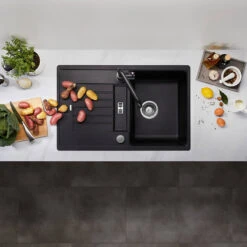 Blanco Zia 45 S Compact 1.5 Bowl Inset White Silgranit Composite Kitchen Sink & Waste With Reversible Drainer - 780 X 500mm 20 Blanco Zia 45 S Compact 1.5 Bowl Inset White Silgranit Composite Kitchen Sink & Waste With Reversible Drainer - 780 X 500mm -Vado Sale Store zia 45 s black lifestyle top view cropped