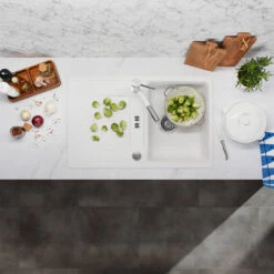 Blanco Zia 45 S Compact 1.5 Bowl Inset White Silgranit Composite Kitchen Sink & Waste With Reversible Drainer - 780 X 500mm 26 Blanco Zia 45 S Compact 1.5 Bowl Inset White Silgranit Composite Kitchen Sink & Waste With Reversible Drainer - 780 X 500mm -Vado Sale Store zia 45 s lifestyle white cropped