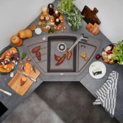 Blanco Zia 9 E Corner 1 Bowl Inset Black Silgranit Composite Kitchen Sink & Waste With Reversible Drainer - 930 X 510mm -Vado Sale Store zia 9 e aluetallic lifestyle top view cropped