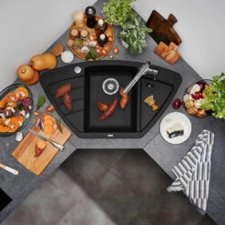 Blanco Zia 9 E Corner 1 Bowl Inset Black Silgranit Composite Kitchen Sink & Waste With Reversible Drainer - 930 X 510mm -Vado Sale Store zia 9 e anthracite lifestyle cropped